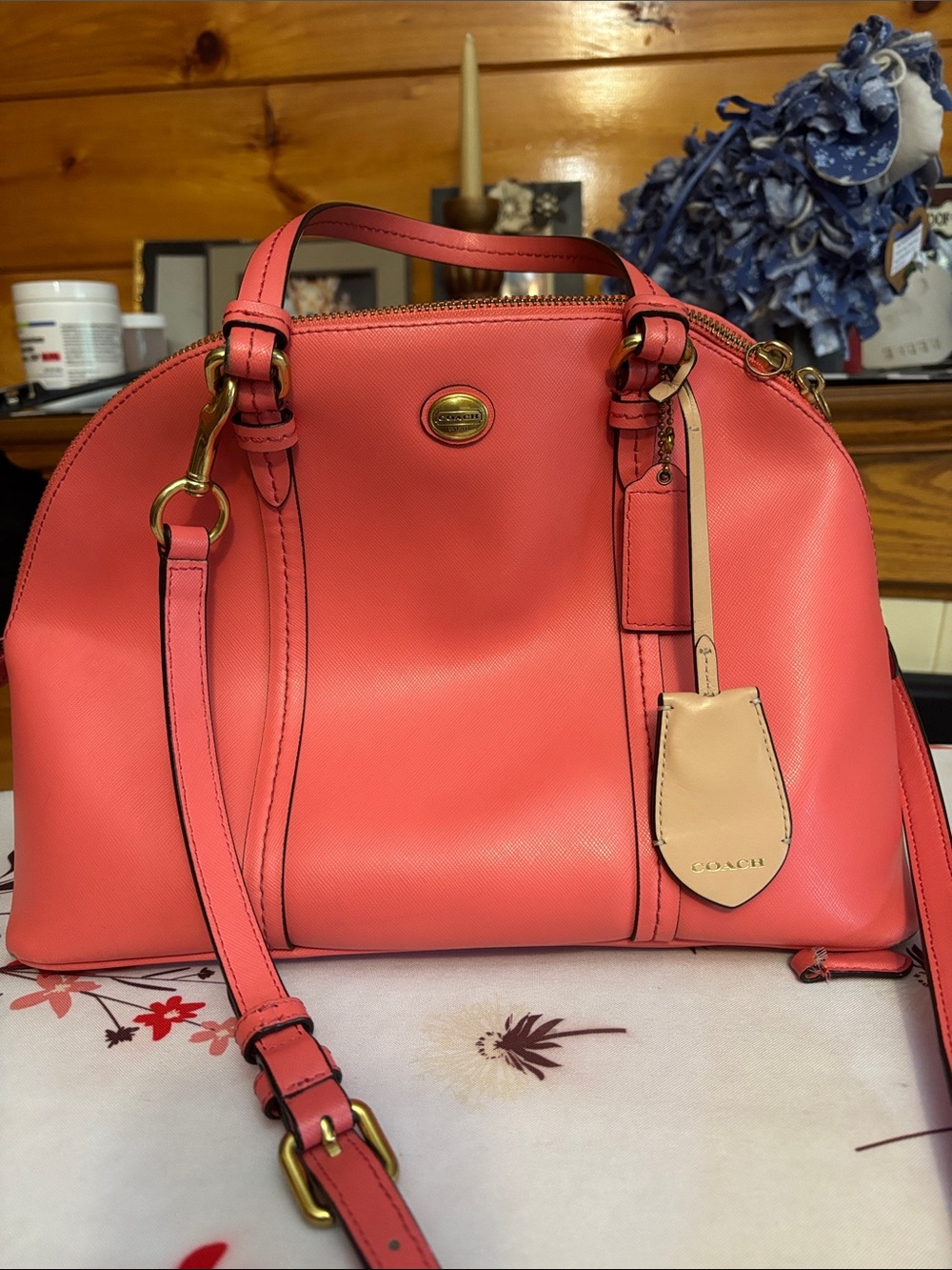 Coach Coral Pink Satchel with Tan Luggage Tag